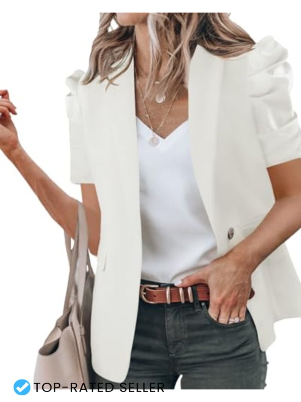 Women's Puff Sleeve Blazer Short Sleeve Business Casual Work Suit Jacket